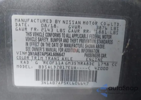 2019 Nissan Sentra Sv z USA, uszkodzony, nr VIN 3N1AB7AP5KL606647